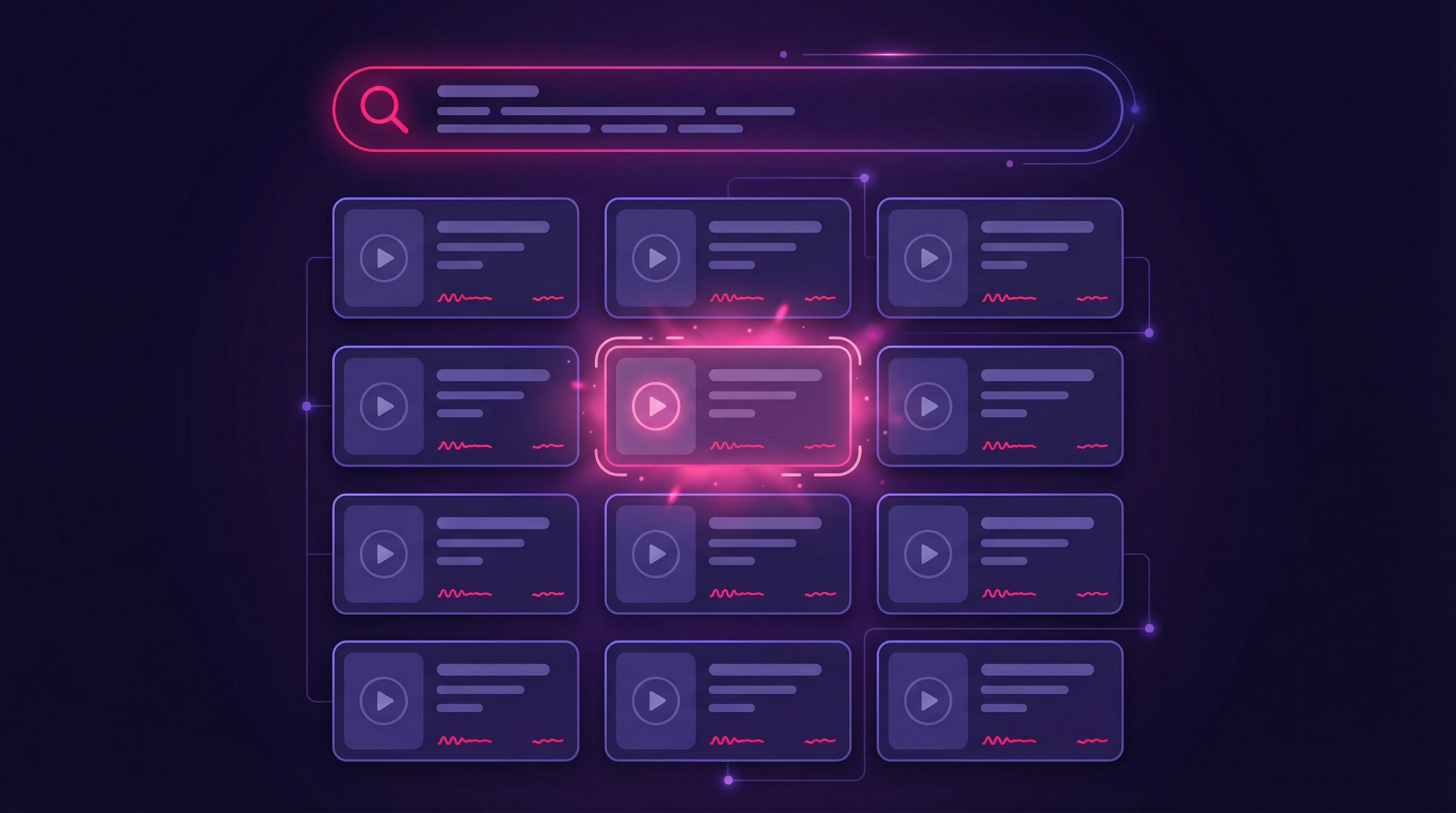 GREC past live archive interface: a search bar at the top with a grid of recorded live stream video cards below, one highlighted card selected showing the searchable archive of previously recorded Instagram Live streams