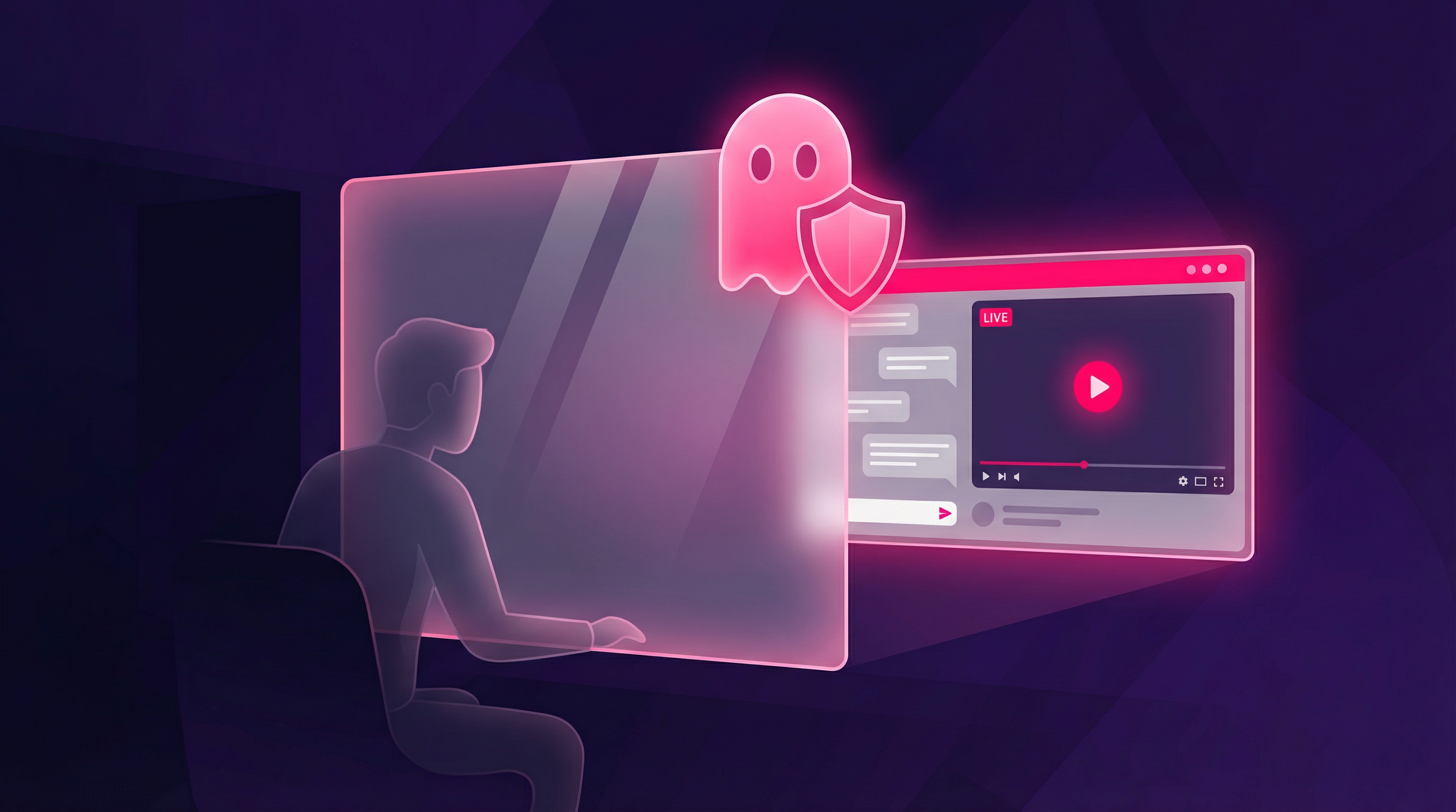 Illustration of GREC stealth mode: a person watching a live stream through a privacy shield, invisible to the streamer, with ghost and shield icons representing undetectable viewing