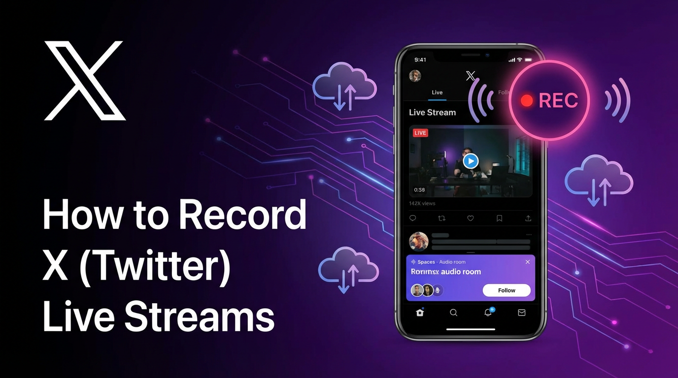 Smartphone displaying an X (Twitter) live stream with a REC indicator, representing methods to record X live video and Spaces including GREC cloud recording